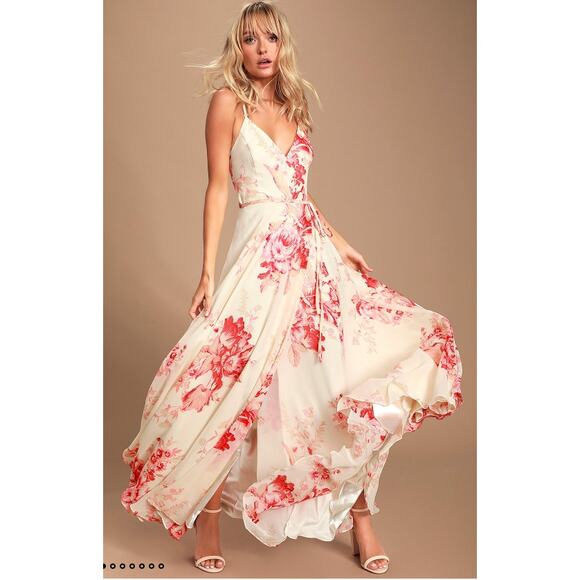 Lulus Cream and Coral Floral Wrap Elegantly Inclined  Maxi Dress Size: S - Picture 8 of 15